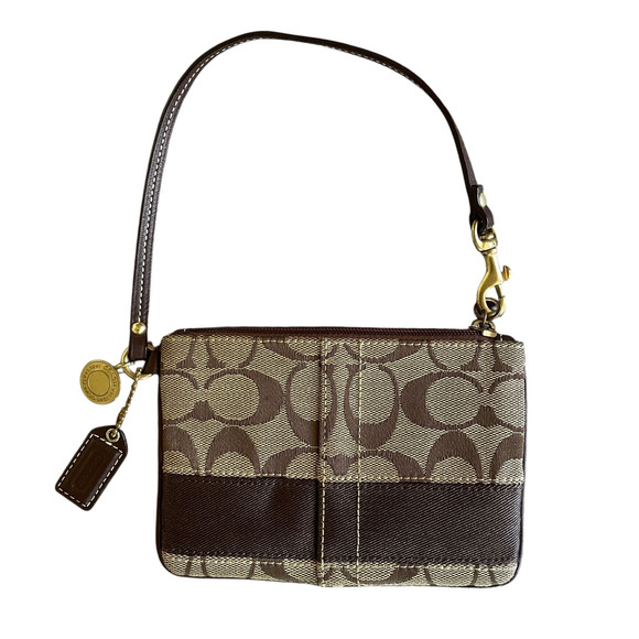 COACH Khaki Brown Stripe Signature C Top Zip Gold Coin Hang Tag Creed Wristlet - Picture 2 of 7